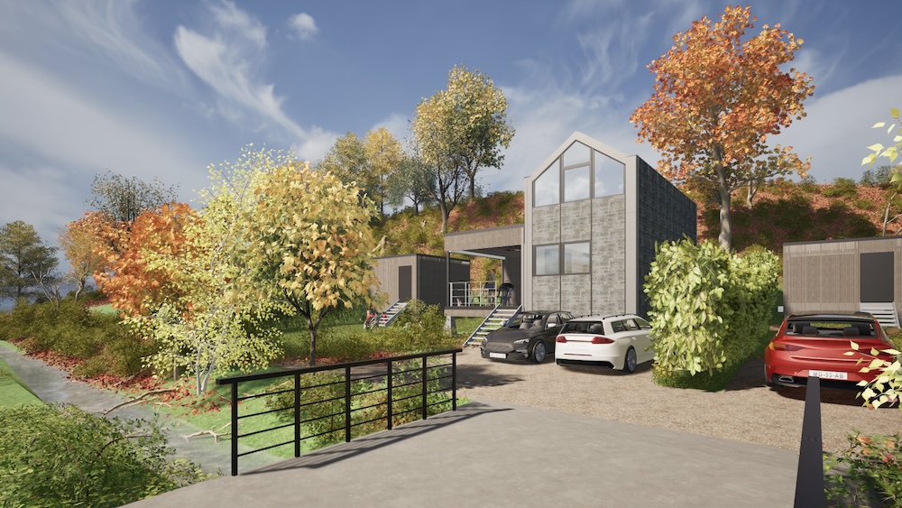 Rendu 3D de maisons modulaires à pignon vitré et façades sombres sur un terrain arboré