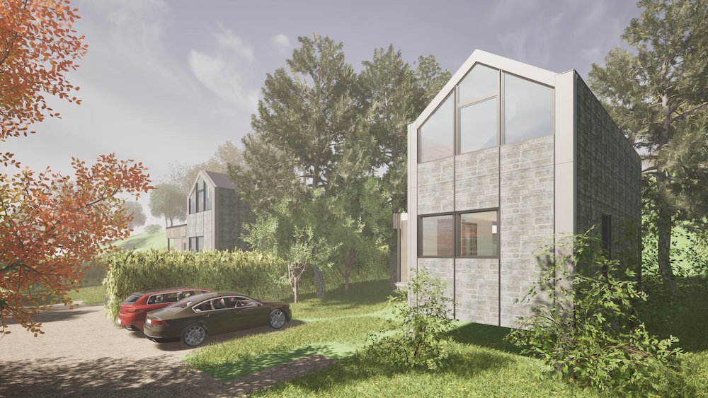 Rendu 3D d’un volume modulaire en pierre à grand pignon vitré dans un jardin arboré