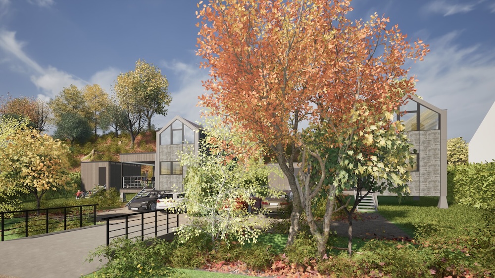 Rendu 3D de maisons modulaires à pignon vitré dans un cadre boisé en automne