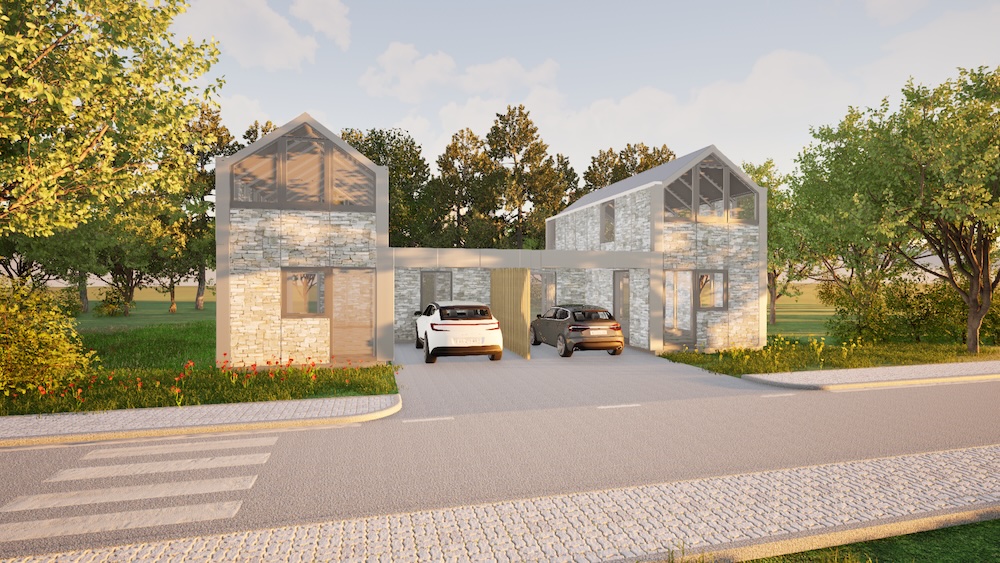 Rendu 3D de deux volumes en pierre à pignon vitré, reliés par un carport