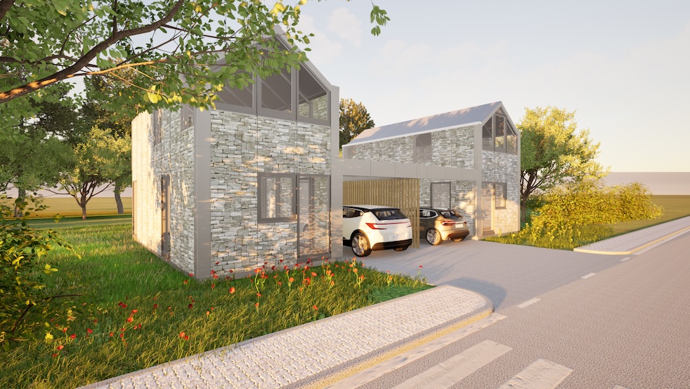 Rendu 3D d’une maison modulaire en pierre à deux volumes et carport, vue de trois quarts