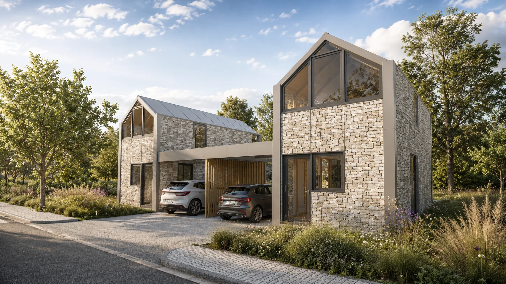 Rendu d’architecture d’une maison modulaire contemporaine Evolution Habitat à Engis