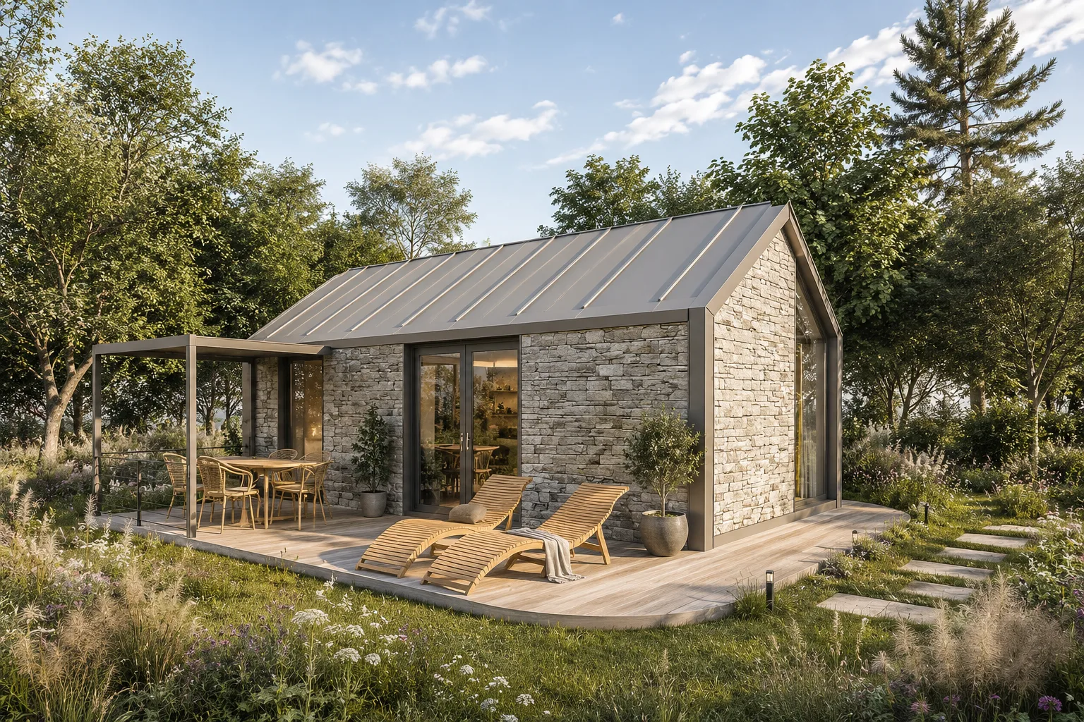 Rendu d’architecture d’une maison modulaire de plain-pied Evolution Habitat, projet MC