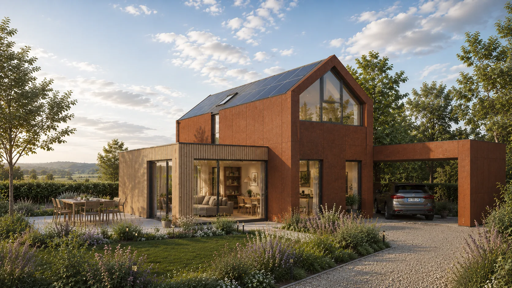 Rendu d’architecture d’une maison modulaire évolutive Evolution Habitat à Wasseiges, autre angle