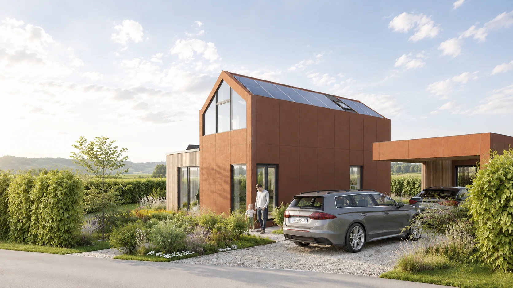 Rendu d’architecture d’une maison modulaire Evolution Habitat avec façade en acier Corten